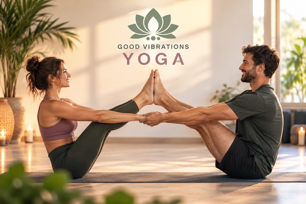 Two people in a partner boat pose, holding hands with the soles of their feet together, smiling at each other in the Good Vibrations Yoga studio